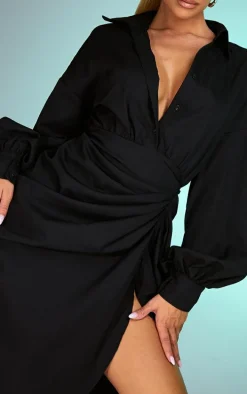 Black Balloon Sleeve Gathered Skirt Midi Shirt Dress