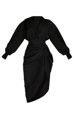 Black Balloon Sleeve Gathered Skirt Midi Shirt Dress