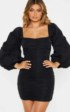 Black Balloon Sleeve Ruched Bodycon Dress