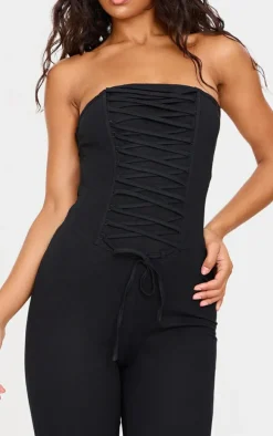 Black Bandeau Corset Lace Up Straight Leg Jumpsuit