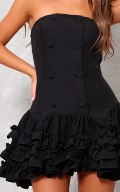 Black Bandeau Frill Button Down Mini Dress