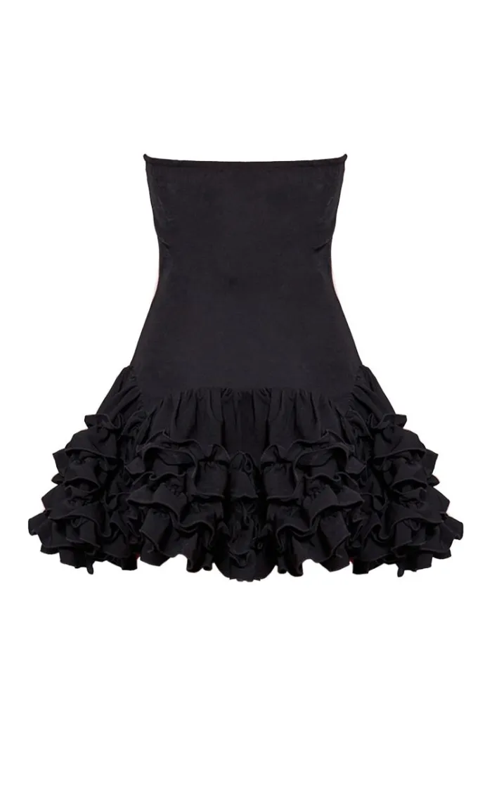Black Bandeau Frill Button Down Mini Dress