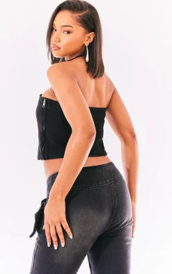 Black Bandeau Seam Detail Denim Corset Top