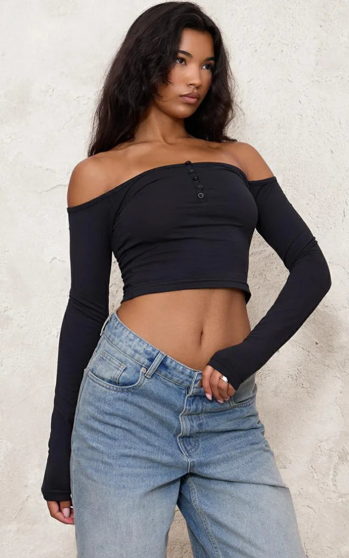 Black Bardot Button Detail Long Sleeve Top