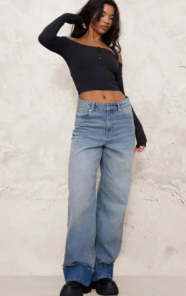 Black Bardot Button Detail Long Sleeve Top