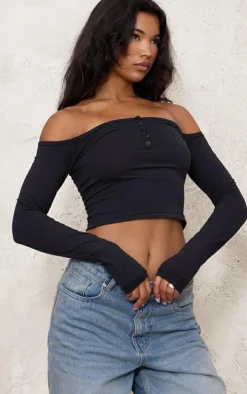 Black Bardot Button Detail Long Sleeve Top