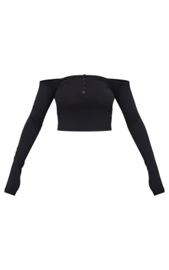 Black Bardot Button Detail Long Sleeve Top