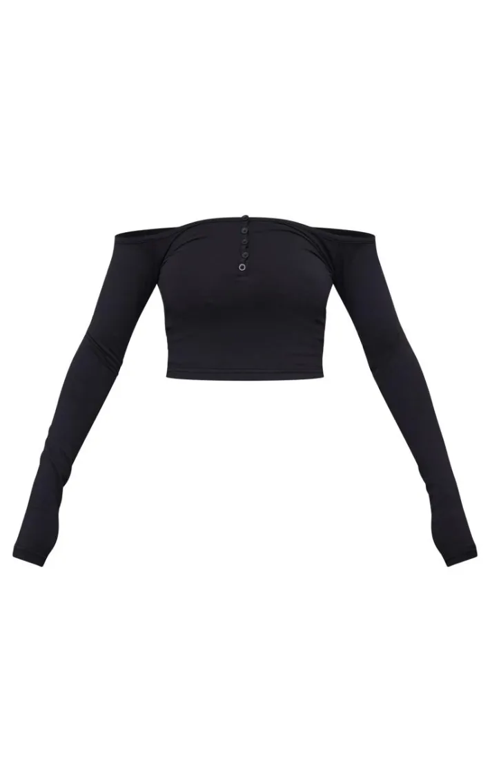 Black Bardot Button Detail Long Sleeve Top