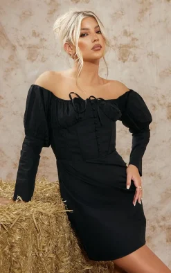 Black Bardot Corset Button Detail Bodycon Dress