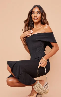Black Bardot Frill Hem Midi Dress