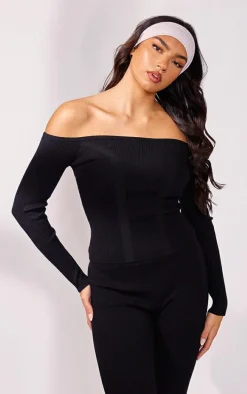 Black Bardot Rib Knit Long Sleeve Top