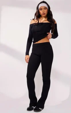 Black Bardot Rib Knit Long Sleeve Top