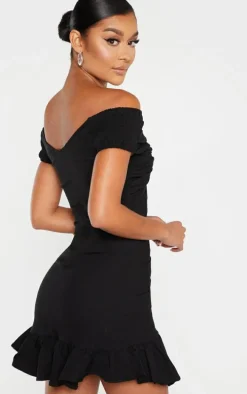 Black Bardot Shirred Pleated Bodycon Dress