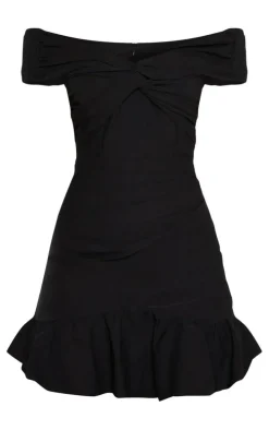 Black Bardot Shirred Pleated Bodycon Dress