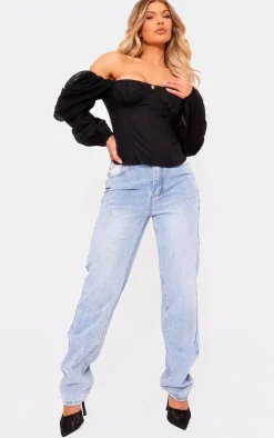 Black Bardot Sleeve Chiffon Insert Shirt