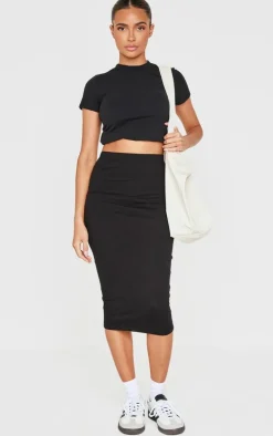 Black Basic Cotton Blend Jersey Midi Skirt