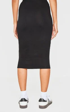 Black Basic Cotton Blend Jersey Midi Skirt