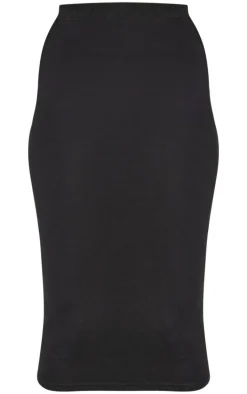Black Basic Cotton Blend Jersey Midi Skirt