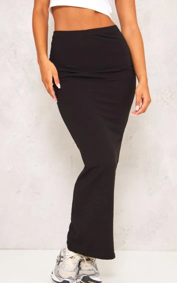 Black Basic Cotton Blend Jersey Midaxi Skirt