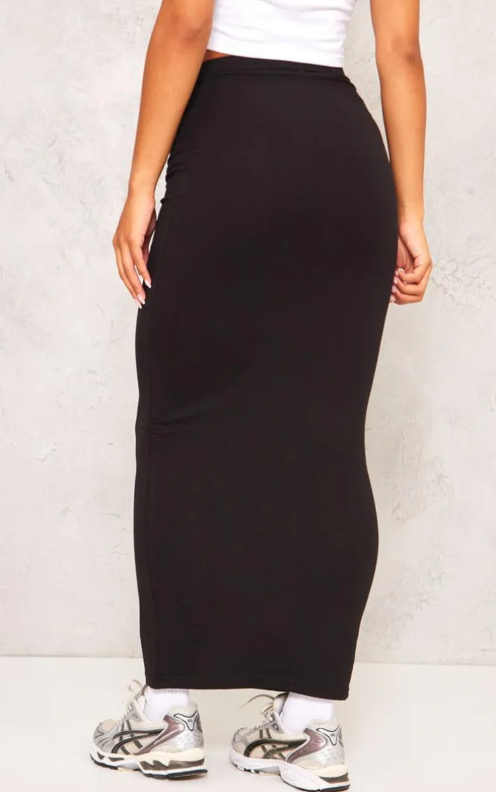 Black Basic Cotton Blend Jersey Midaxi Skirt