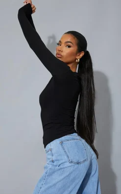 Black Basic Cotton Blend Long Sleeve Fitted T Shirt