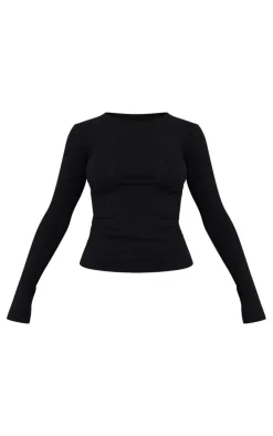 Black Basic Cotton Blend Long Sleeve Fitted T Shirt