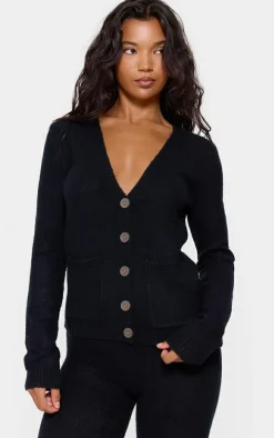 Black Basic Knit Button Up Cardigan