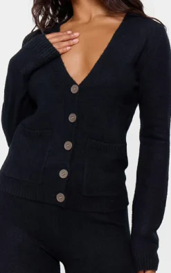 Black Basic Knit Button Up Cardigan