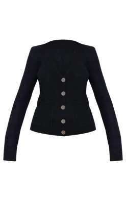 Black Basic Knit Button Up Cardigan