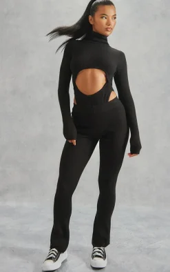 Black Basic Rib Knit Kick Flare Pants