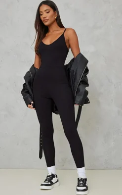 Black Basic Strappy Plunge Jumpsuit