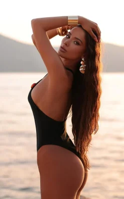 Black Bead Detail One Shoulder Cut Out Swimsuit