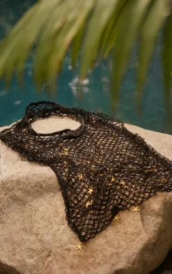 Black Beaded Starfish Detail Net Beach Bag