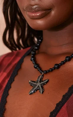 Black Beaded Starfish Detail Statement Necklace