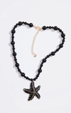 Black Beaded Starfish Detail Statement Necklace