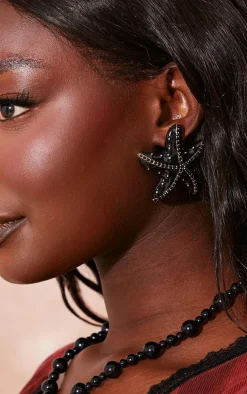 Black Beaded Starfish Detail Statement Earrings