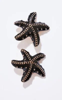 Black Beaded Starfish Detail Statement Earrings