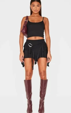Black Belt Detail Slinky Jersey Ruffle Mini Skirt