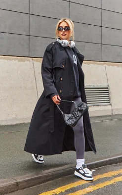 Black Belted Double Breasted Trench Coat