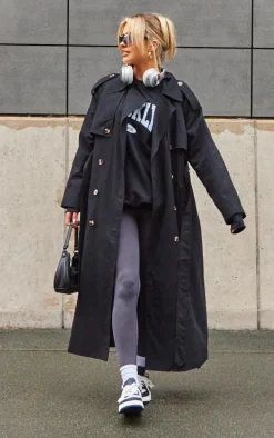 Black Belted Double Breasted Trench Coat