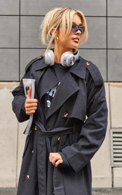 Black Belted Double Breasted Trench Coat