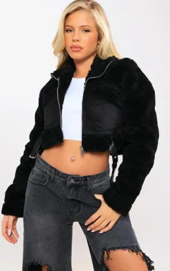 Black Belted Hem Faux Suede Borg Lined Aviator