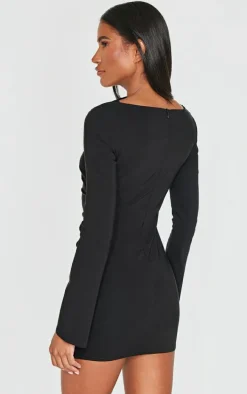 Black Bengaline Long Sleeve Ruched Bodycon Dress