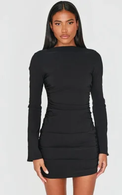 Black Bengaline Long Sleeve Ruched Bodycon Dress