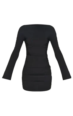 Black Bengaline Long Sleeve Ruched Bodycon Dress
