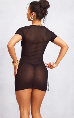 Black Binding Detail Sheer Knit Bodycon Dress