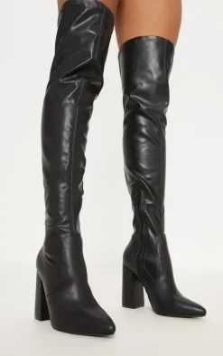 Black Block Heel PU Thigh High Boot