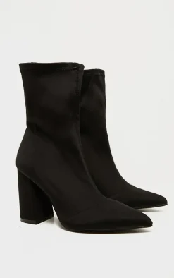 Black Block Heeled Point Toe Sock Boot