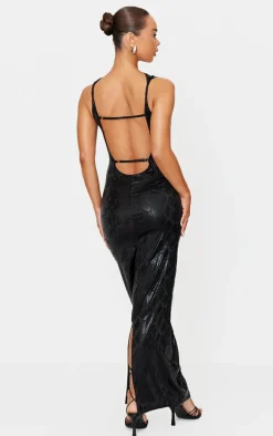 Black Boat Neck Snake Print Low Back Midaxi Dress