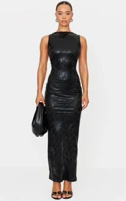 Black Boat Neck Snake Print Low Back Midaxi Dress